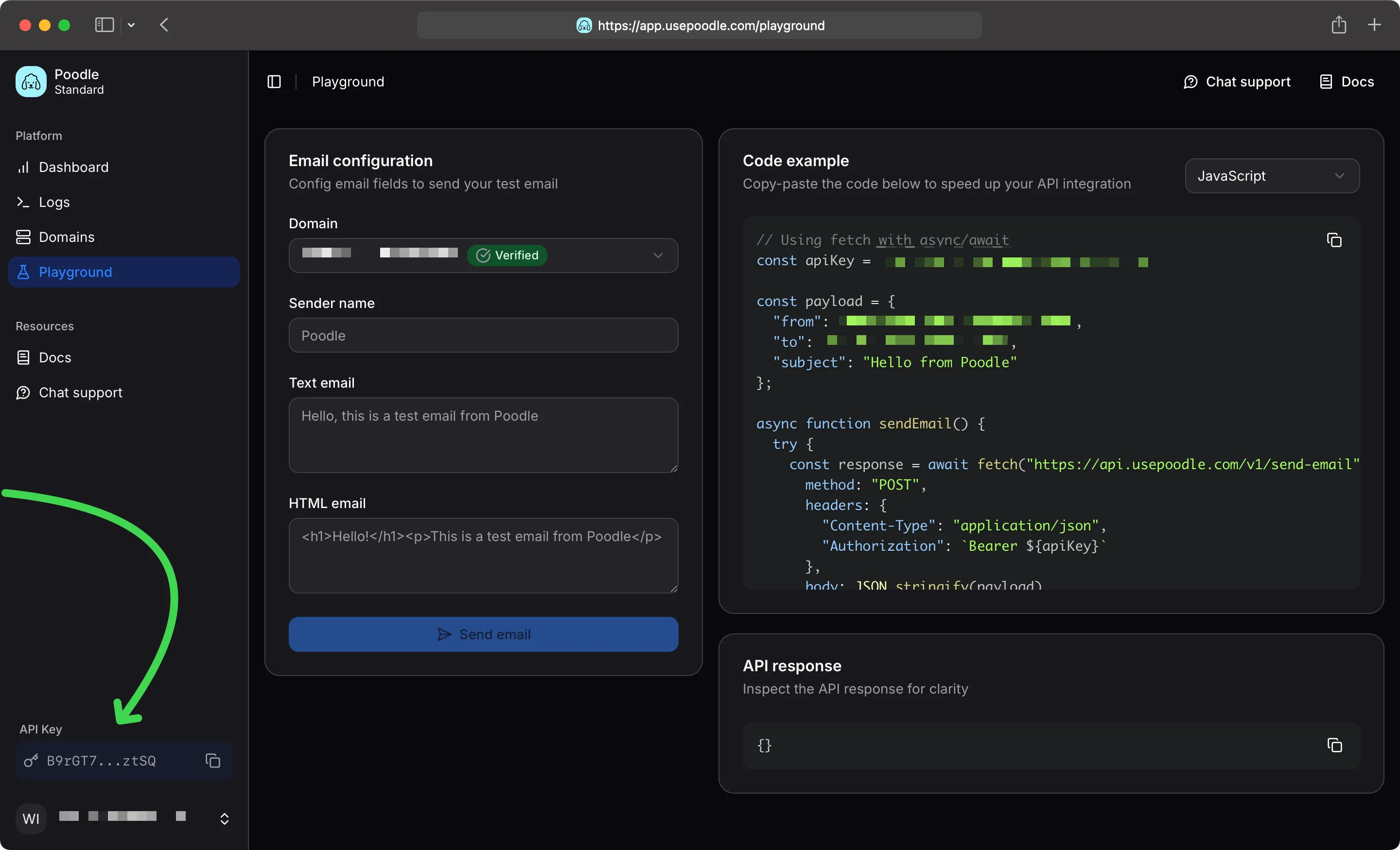 API key at the bottom of the sidebar
